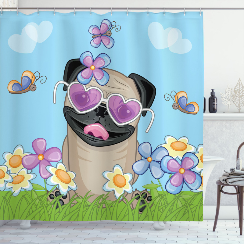 Puppy on the Field Flowers Shower Curtain