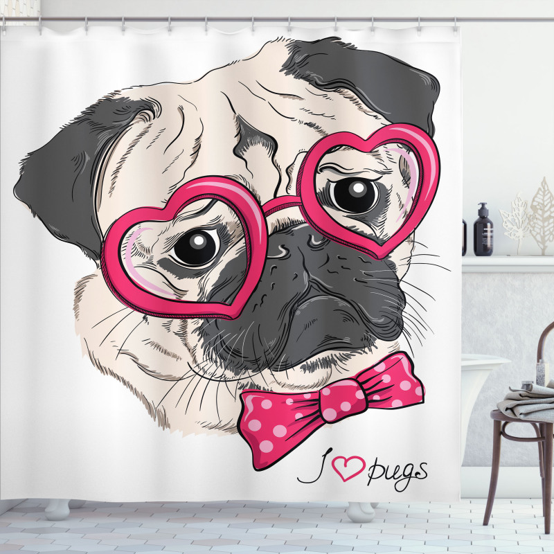 Dog with Heart Glasses Bow Shower Curtain