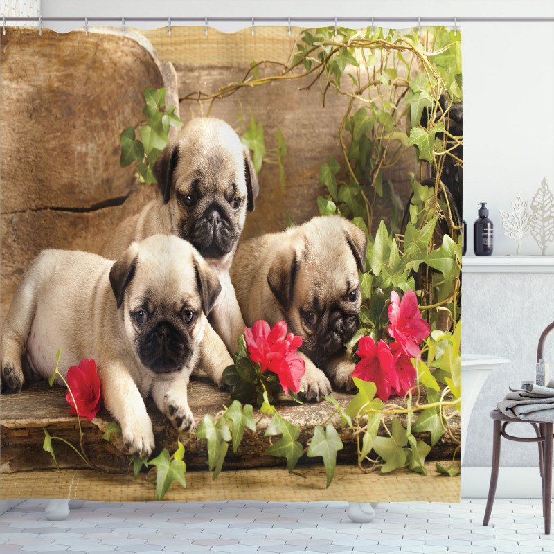 Sibling Puppies Flowers Shower Curtain