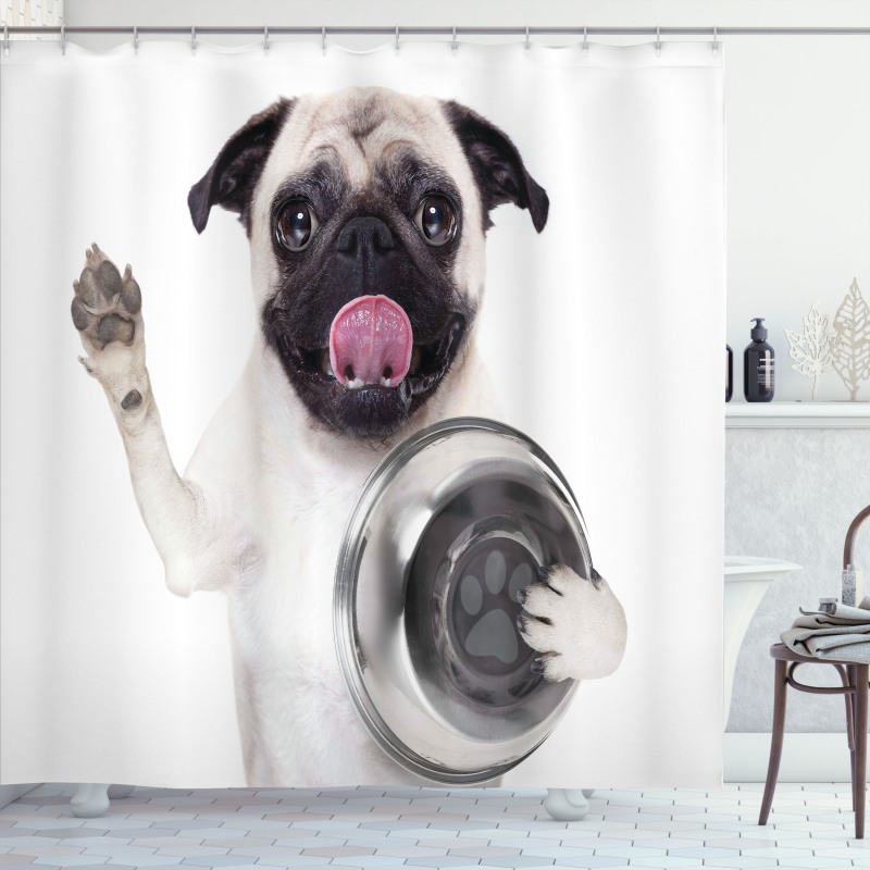 Dog Holding Food Bowl Shower Curtain
