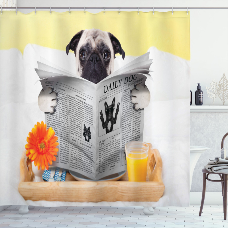 Pug Reading News Daily Dog Shower Curtain