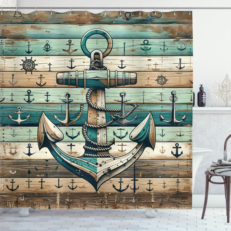 Nautical Shower Curtain Sailing Rustic Style Anchor and Rope