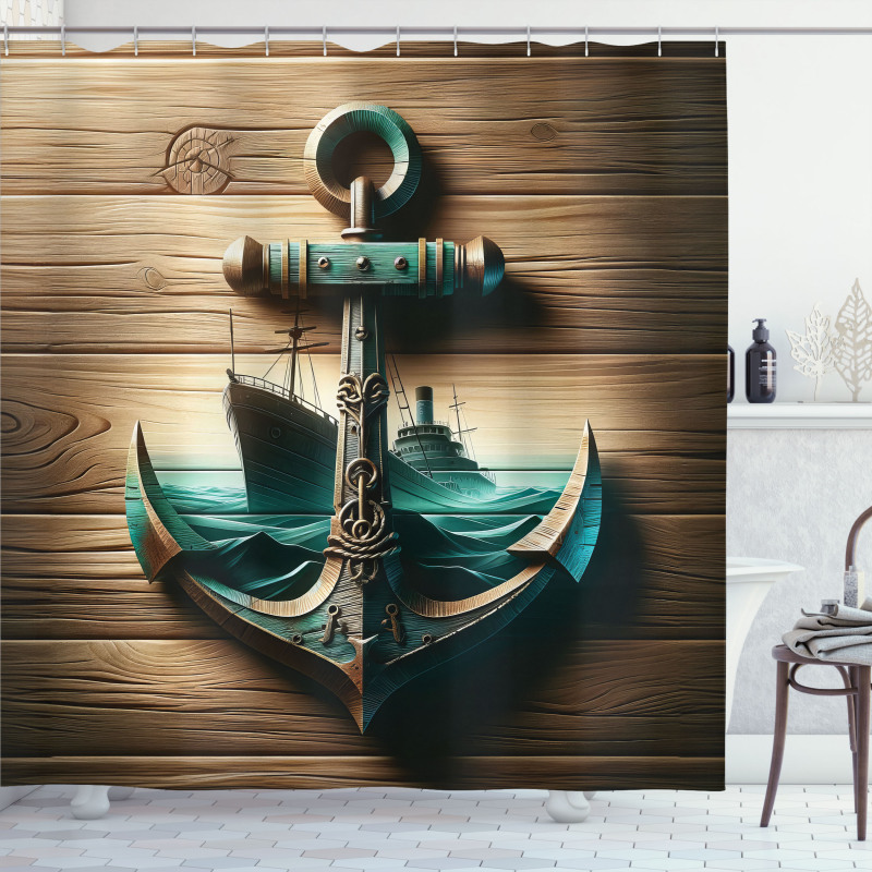 Nautical Shower Curtain Ship in Ocean and Anchor