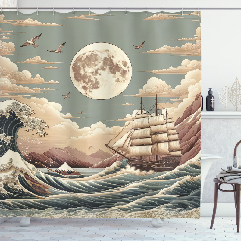 Nautical Shower Curtain Full Moon Scene in Japan