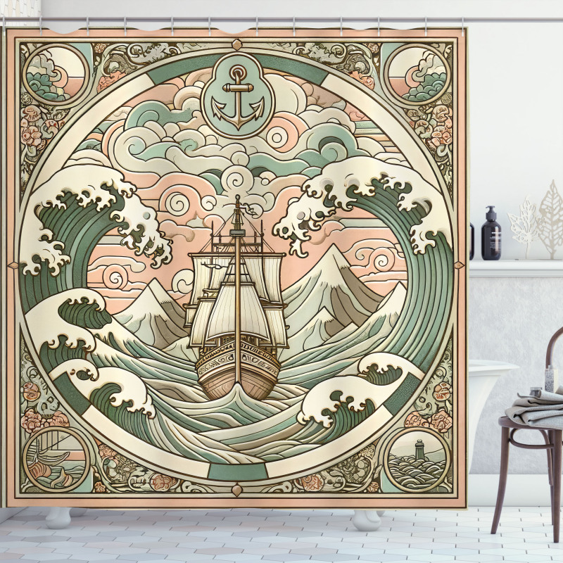 Nautical Shower Curtain Marine Ship and Retro Waves