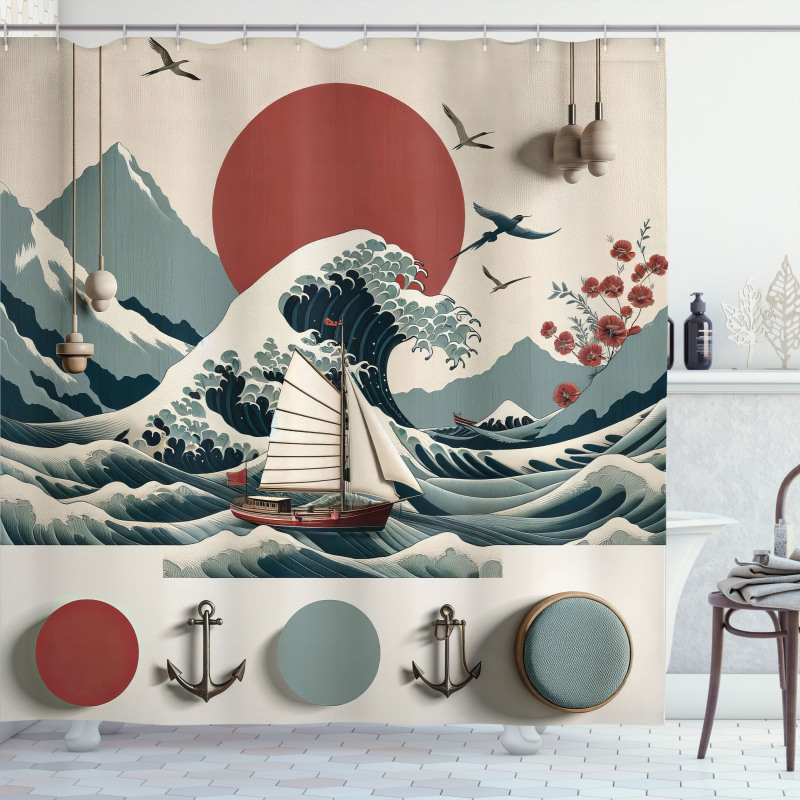 Nautical Shower Curtain Japanese Wave with Sun and Ship