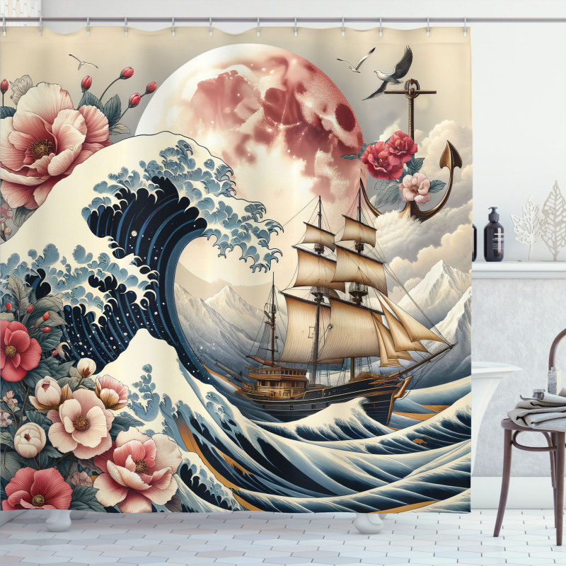 Nautical Shower Curtain Sakura Japanese Waves and Ship