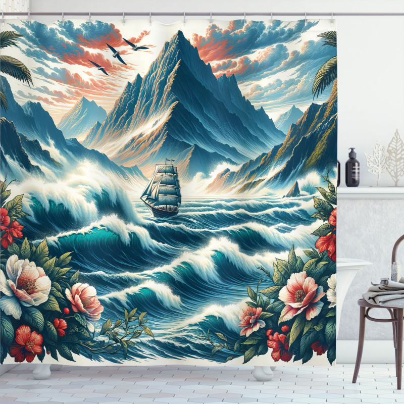 Nautical Shower Curtain Tropic Waves and Flowers Scene