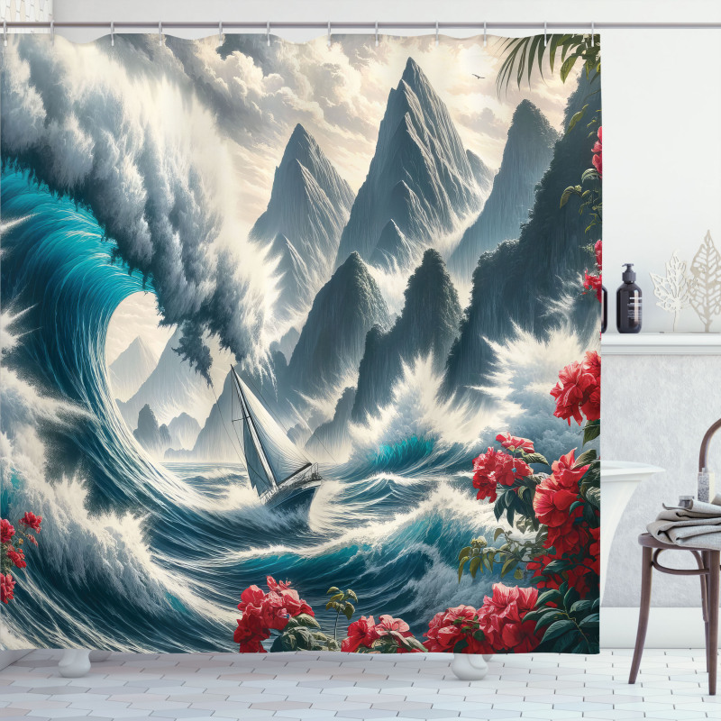 Nautical Shower Curtain Storm Waves Ship and Mountains