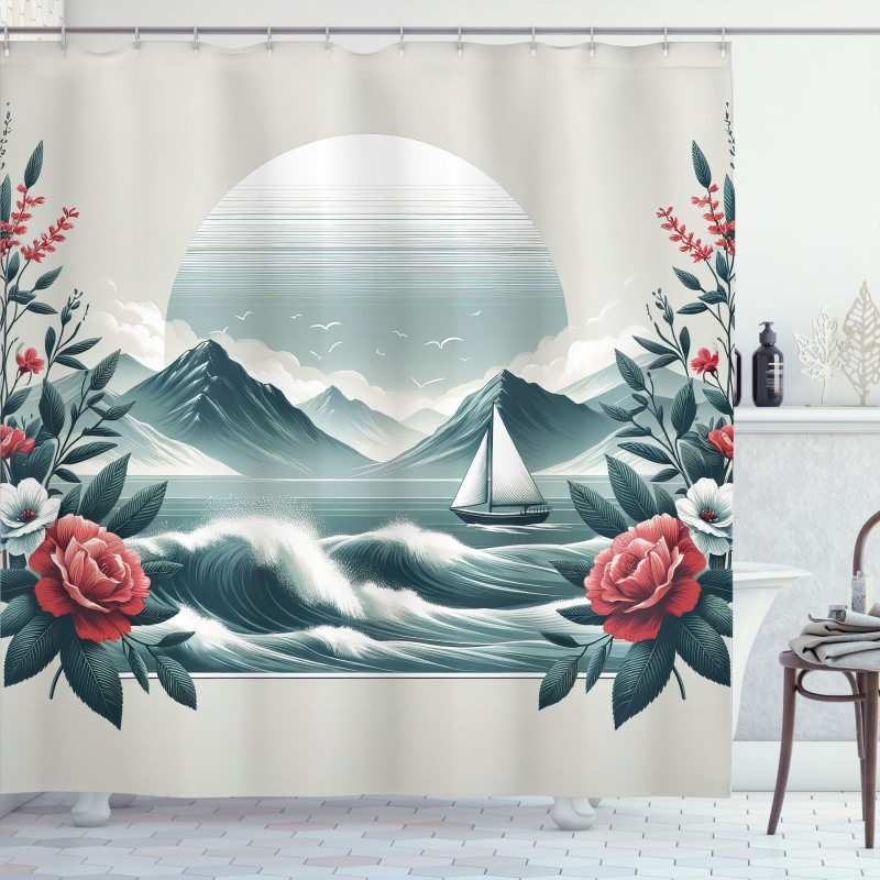 Nautical Shower Curtain Vintage Seascape with Flowers