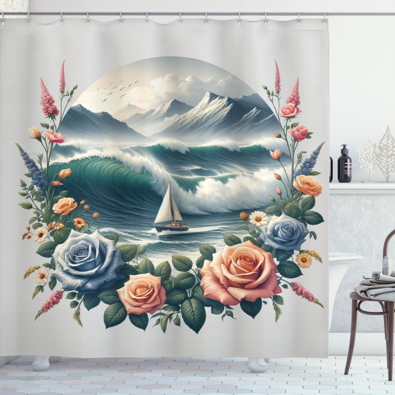 Nautical Shower Curtain Sailboat in Ocean Floral Wreath