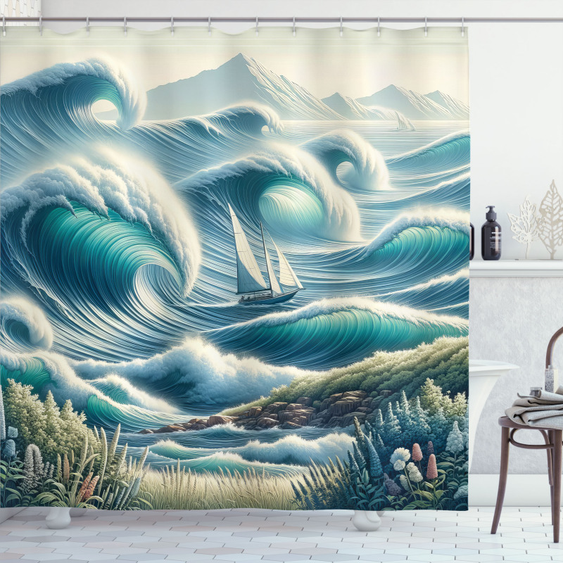 Nautical Shower Curtain Sailboat with in Tidal Waves