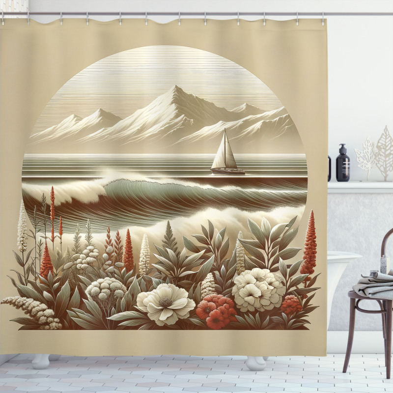 Nautical Shower Curtain Seascape Mountains with Flowers