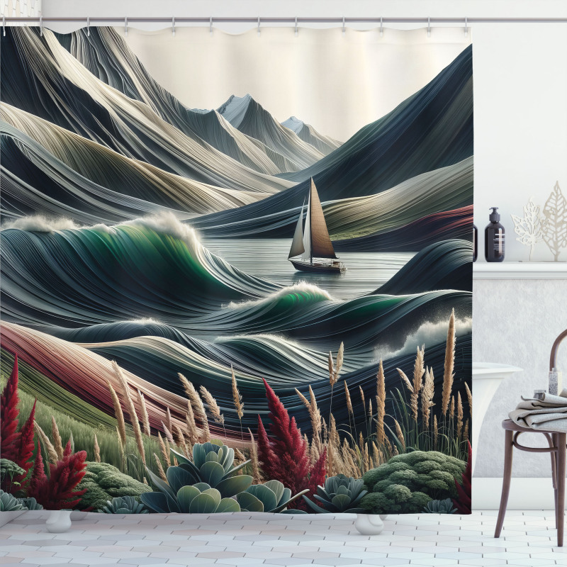Nautical Shower Curtain Surreal Waves Mountains