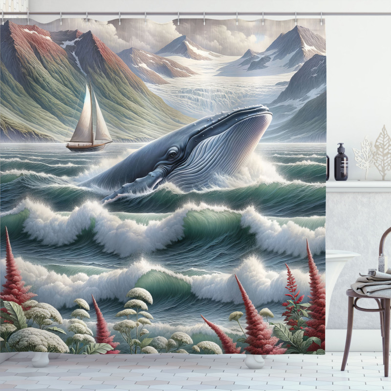 Nautical Shower Curtain Surreal Whale with Sailboat