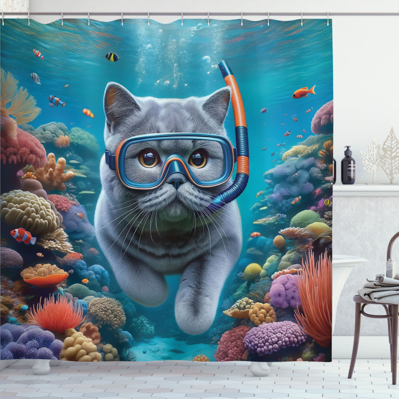 Nautical Shower Curtain Cat Scuba Diving in Reef