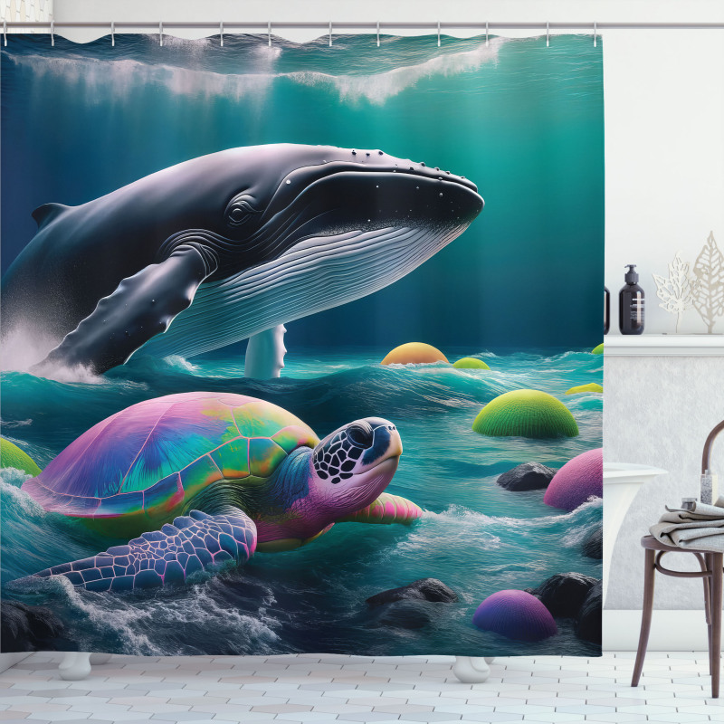 Nautical Shower Curtain Psychedelic Whale Turtle Art