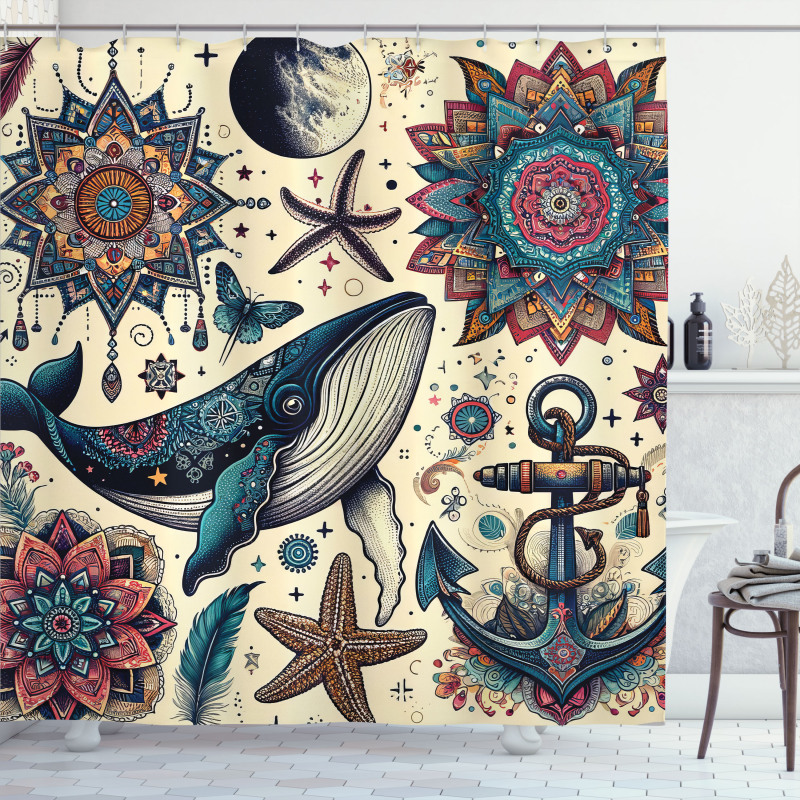 Nautical Shower Curtain Whale and Bohemian Art