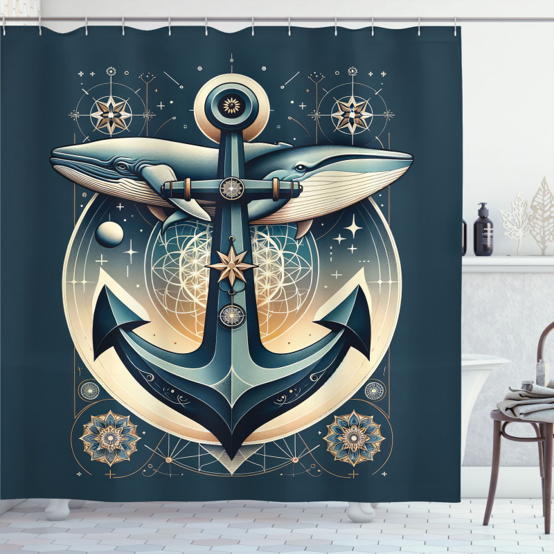Nautical Shower Curtain Whales Compass and Anchor