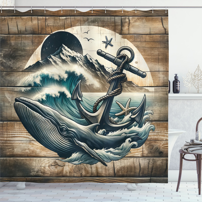 Nautical Shower Curtain Rustic Whale and Anchor