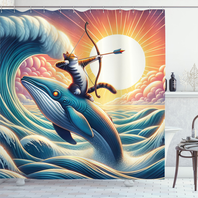 Nautical Shower Curtain Archer Cat on Whale