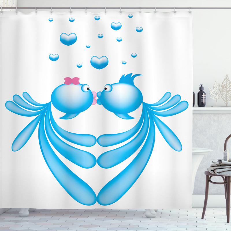 Blue Cartoon Fishes Heart Shower Curtain