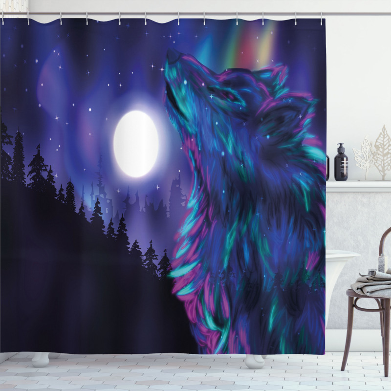 Aurora Borealis and Wolf Shower Curtain