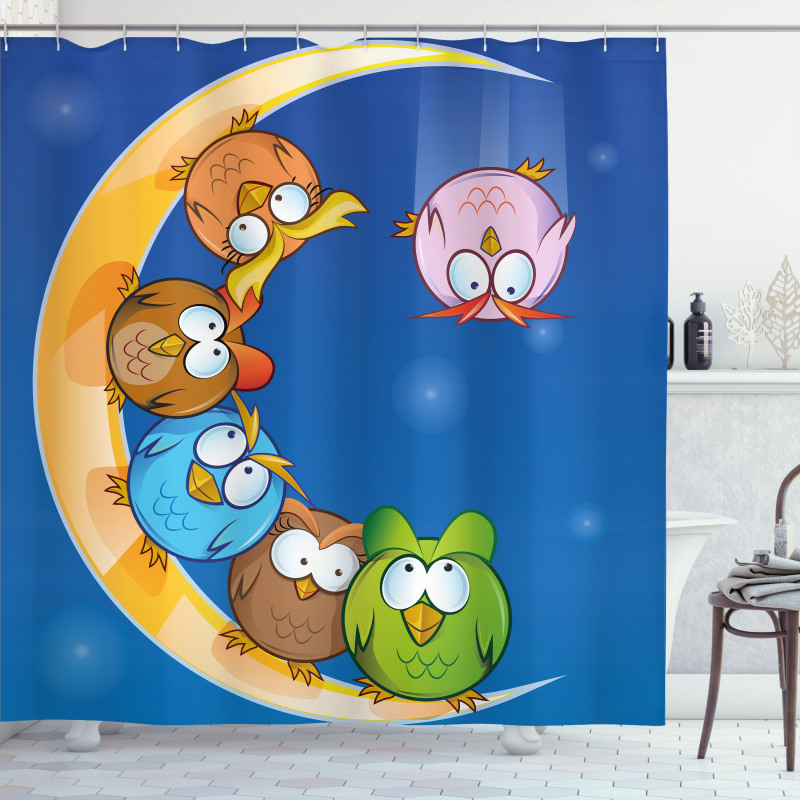 Cartoon Moon Owls Playing Shower Curtain
