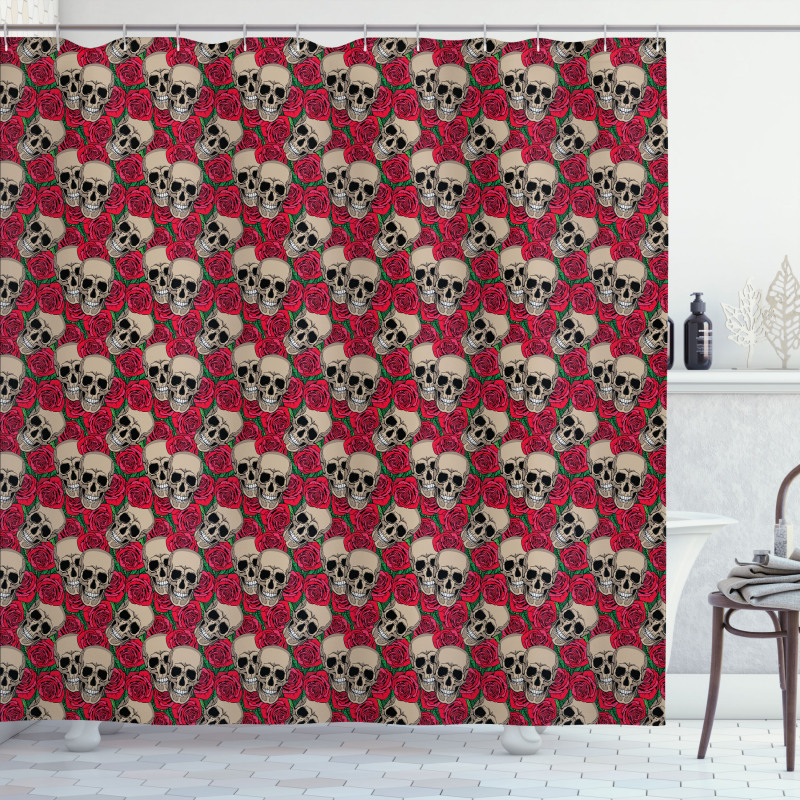 Skulls Red Blossoms Retro Shower Curtain