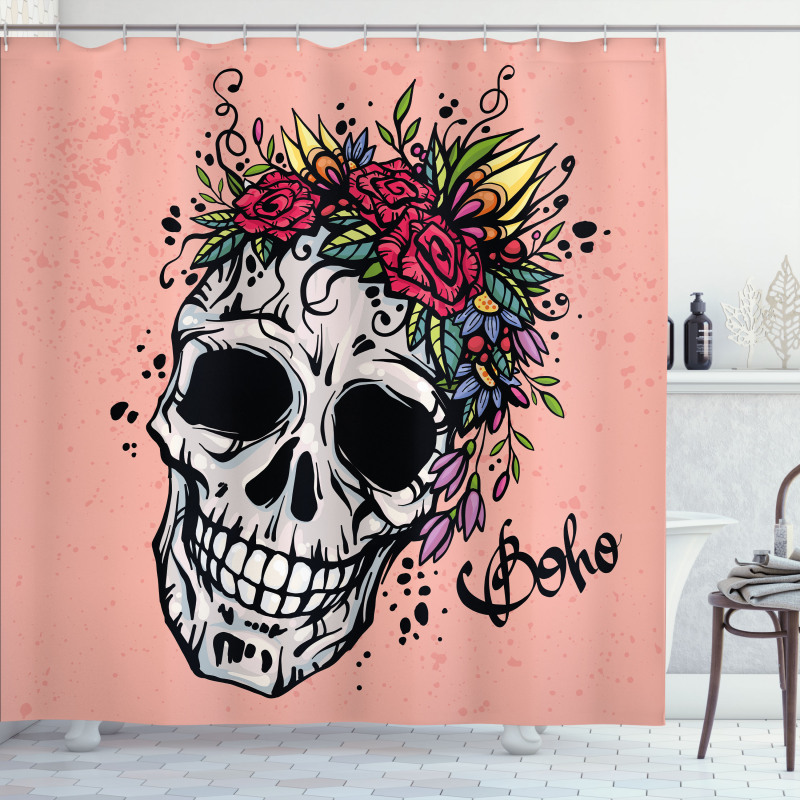 Skull Boho Floral Wreath Shower Curtain