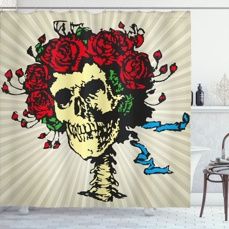 Skull in Red Flowers Crown Shower Curtain