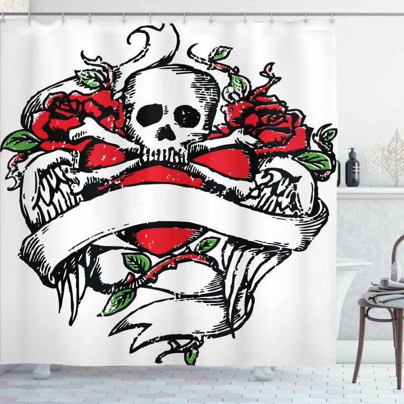 Sketch Skull Big Red Heart Shower Curtain