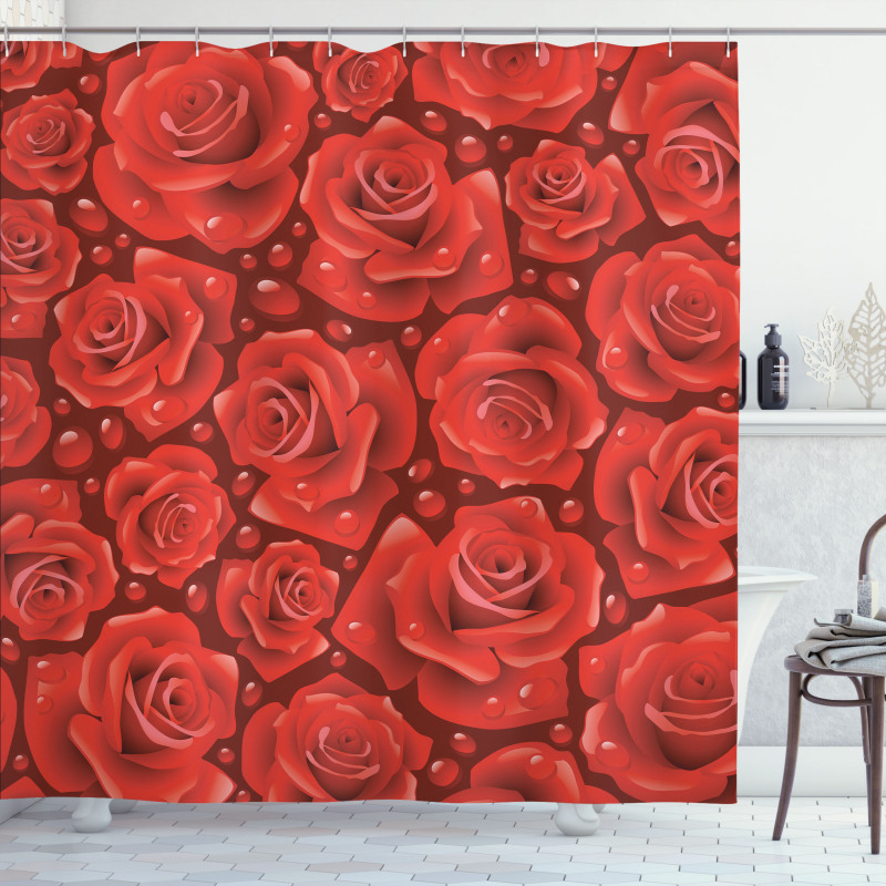 Red Roses Water Rain Drops Shower Curtain