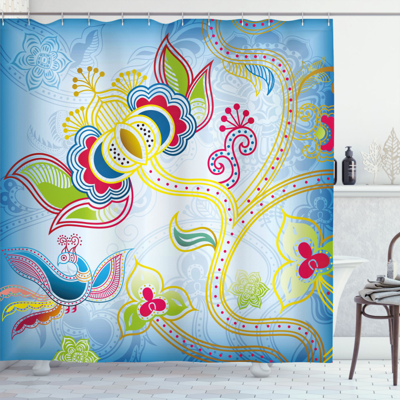 Colorful Floral Art Motif Shower Curtain