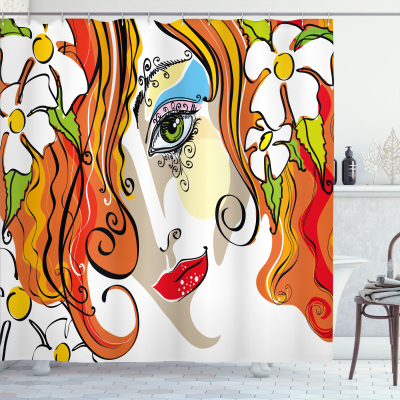 Woman Red Hair Floral Shower Curtain