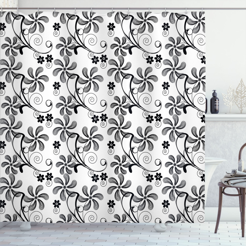 Monochrome Doodle Plants Shower Curtain