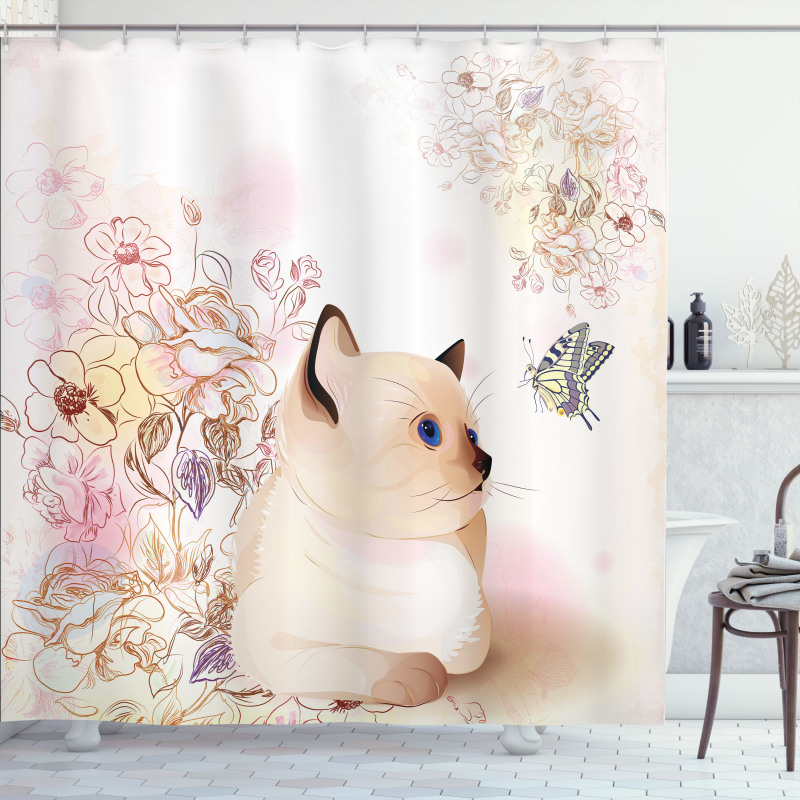 Pastel Kitty and Butterflies Shower Curtain