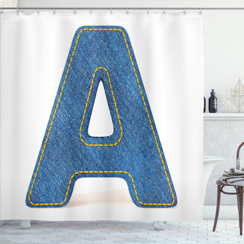 Blue Uppercase Jeans Shower Curtain
