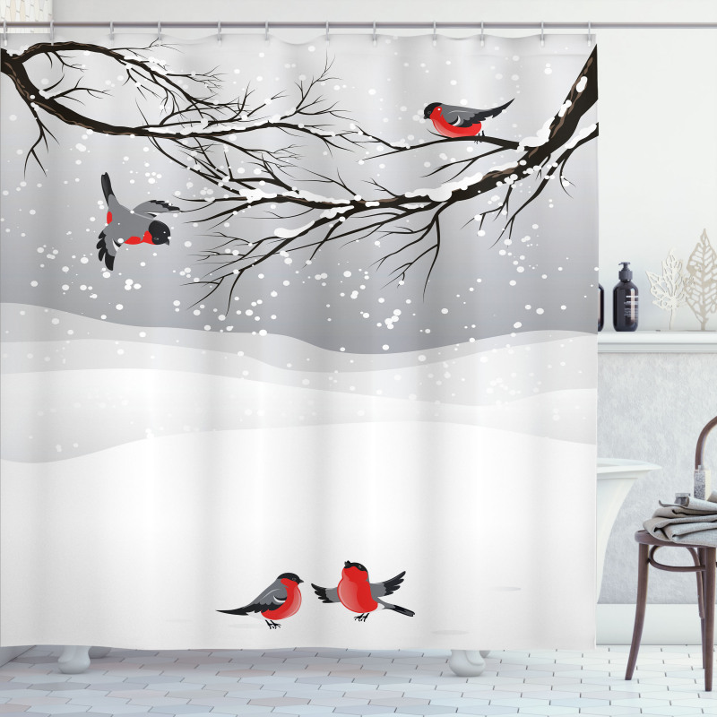 Wintertime Cartoon Birds Shower Curtain