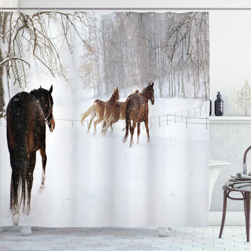 Horses in Snowy Forest Shower Curtain