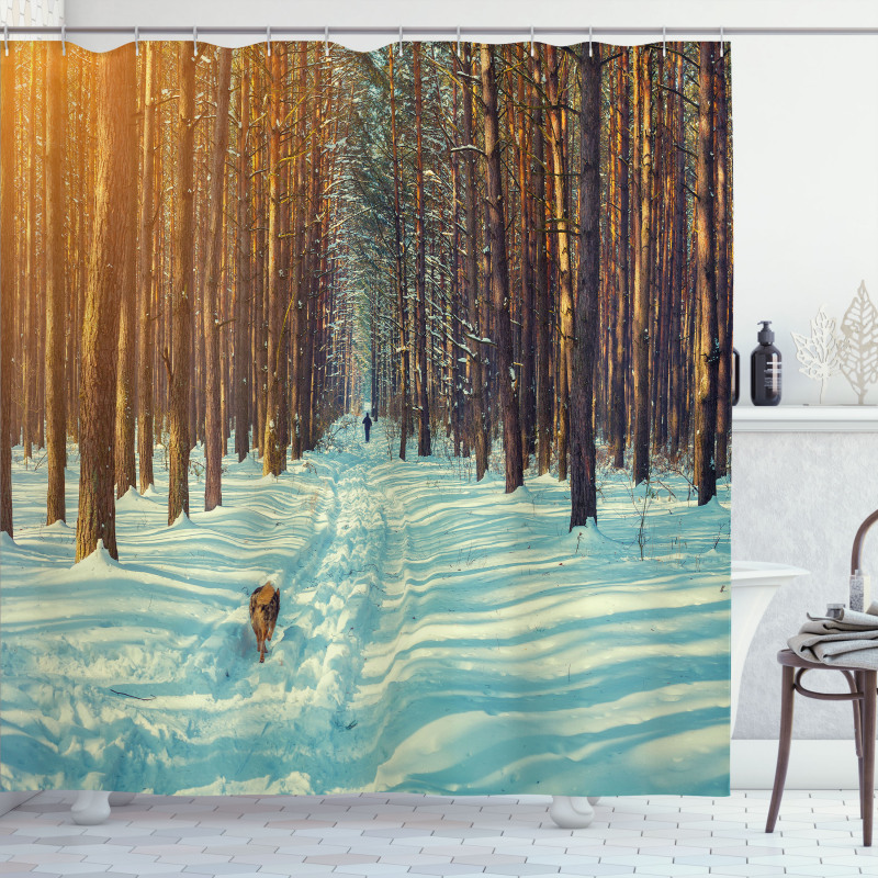 Skier Running Dog Forest Shower Curtain