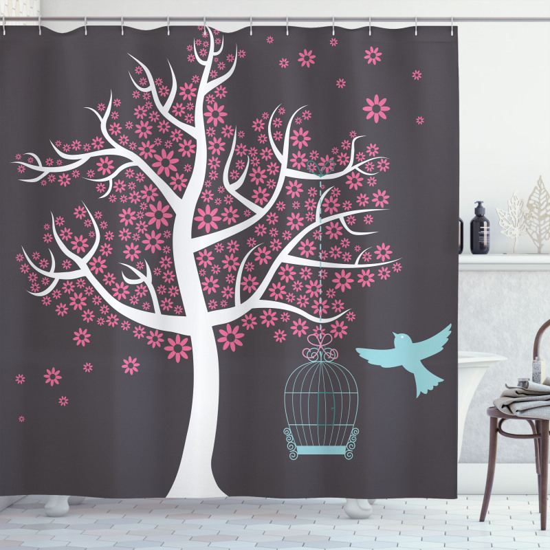 Tree Bitd Cage Leaves Shower Curtain