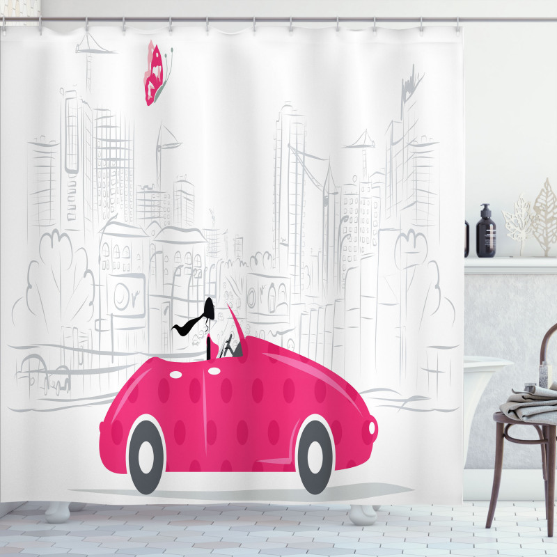 Woman Driving Vintage Car Shower Curtain