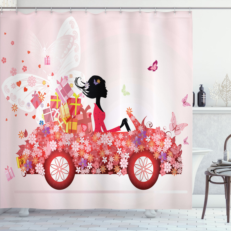 Girl on a Car Floral Box Shower Curtain