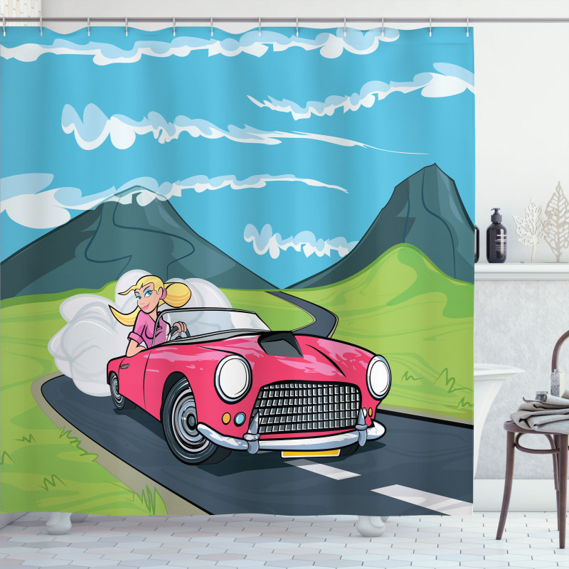 Blonde Girl Drives on Road Shower Curtain