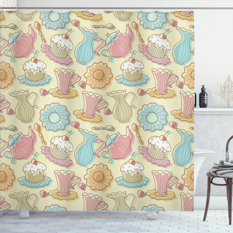 Retro Cupcakes Mugs Shower Curtain