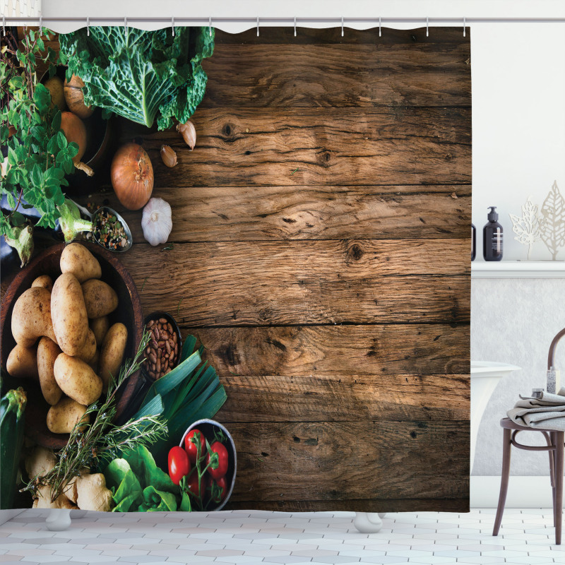 Wooden Table Vegetable Shower Curtain