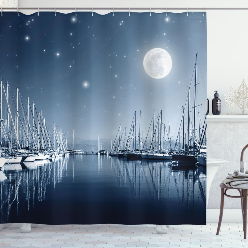 Calm Marina at Night Moon Shower Curtain