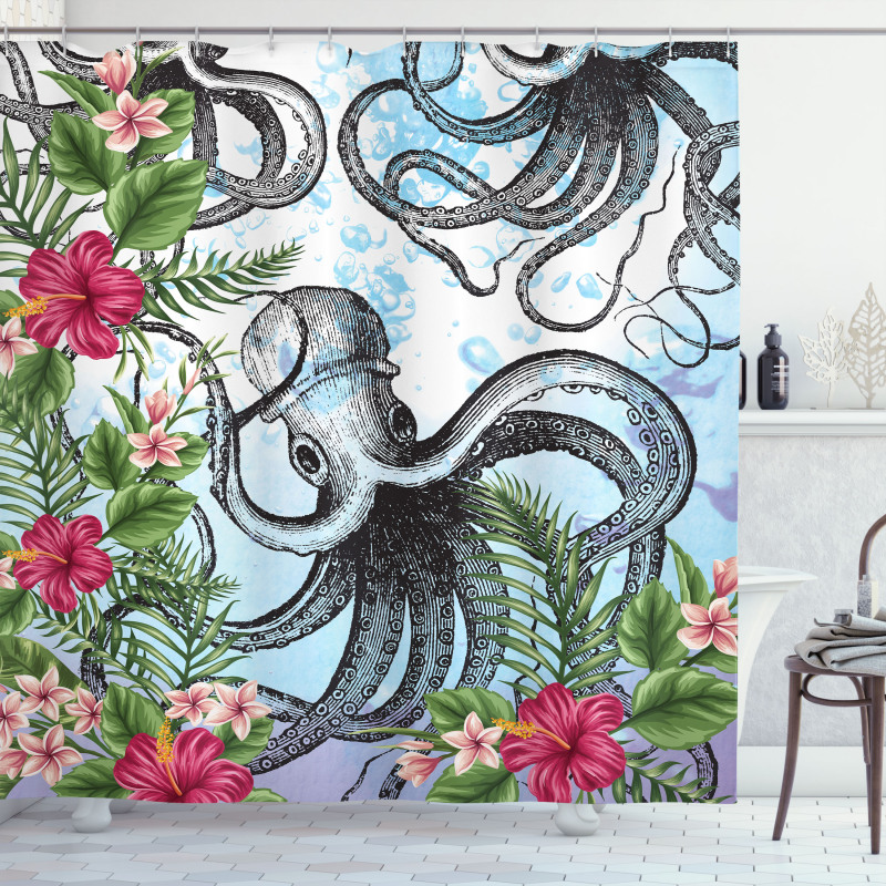 Tropic Hibiscus and Octopus Shower Curtain
