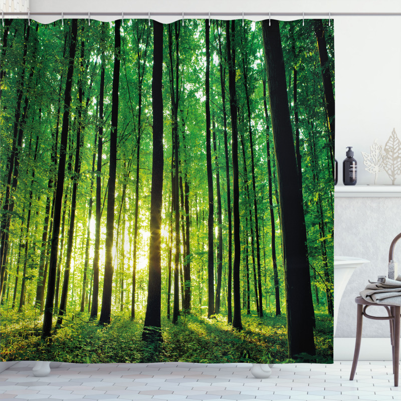 Green Woodland Sunrise Shower Curtain